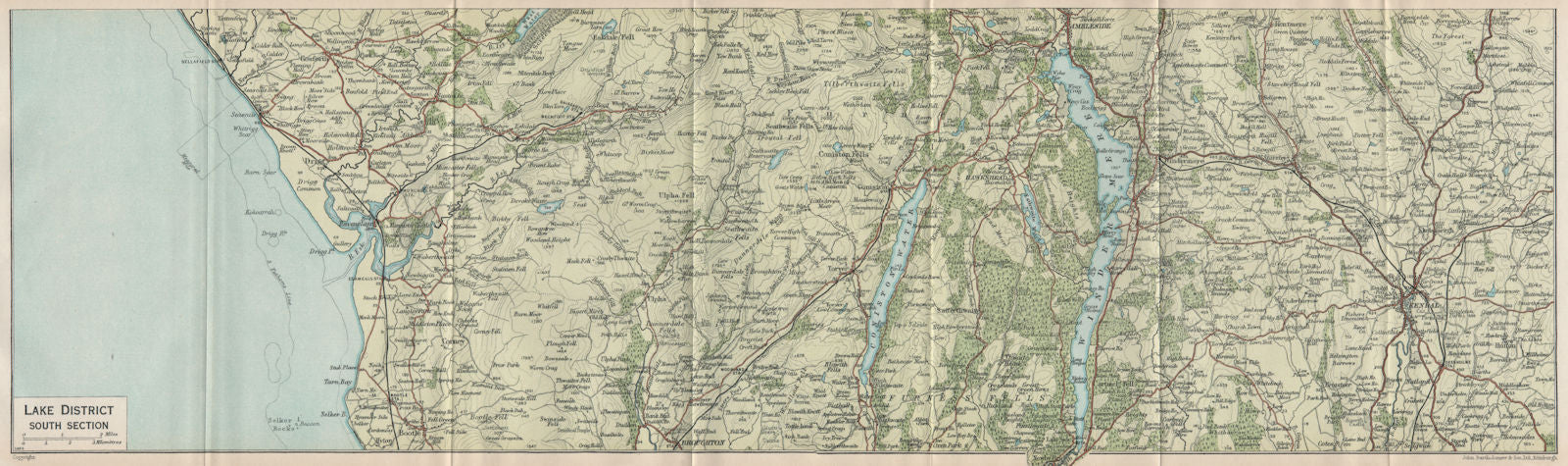 LAKE DISTRICT SOUTH. Ambleside Kendal Windermere Coniston Water Cumbria 1930 map